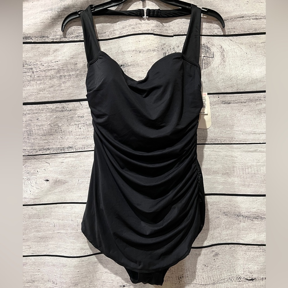 Islander Black Ruched Front Slender Slimming Swimsuit Size 12